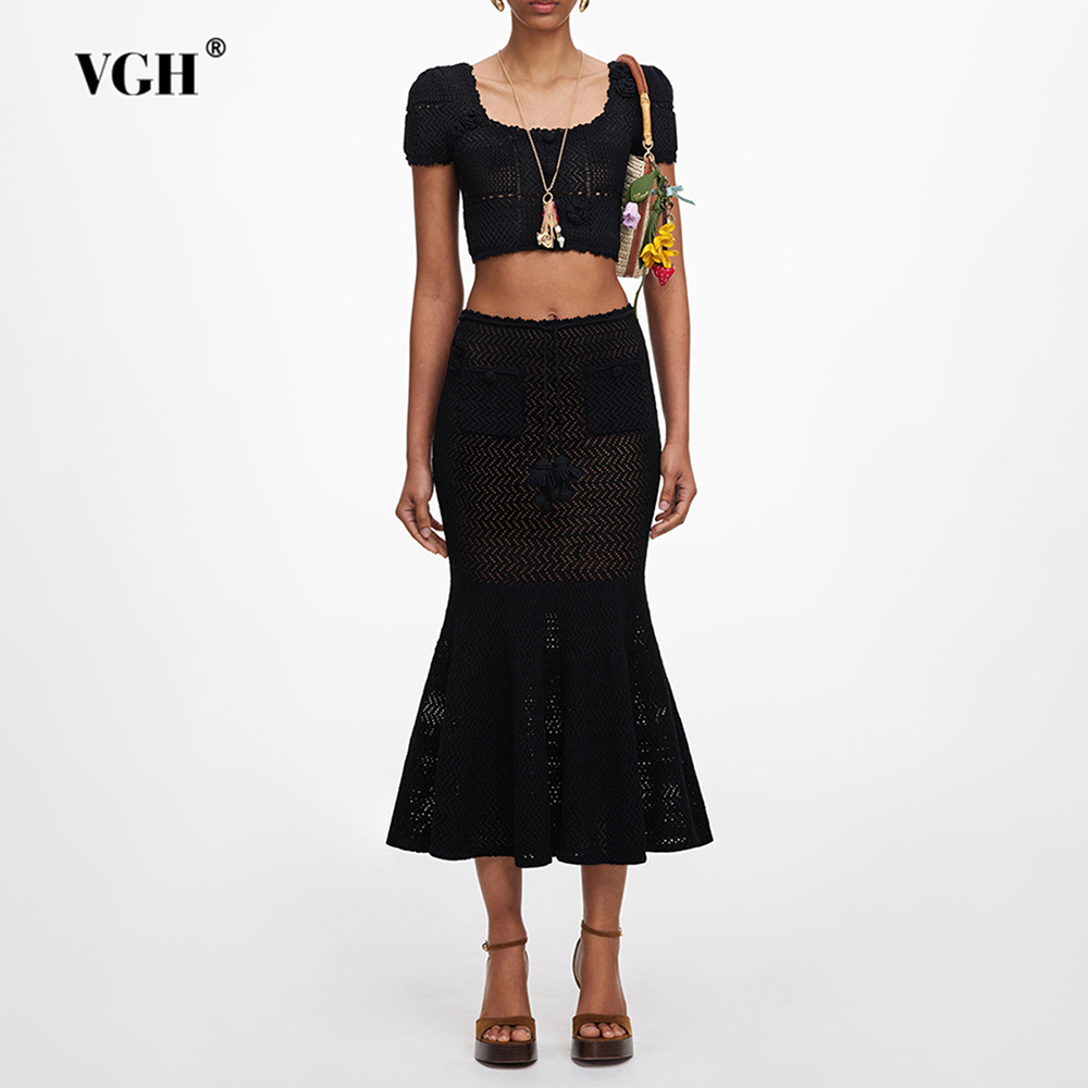 Crop Top Crochet - VGH ブラック 3D 花柄 ホローニット ツーピースセット