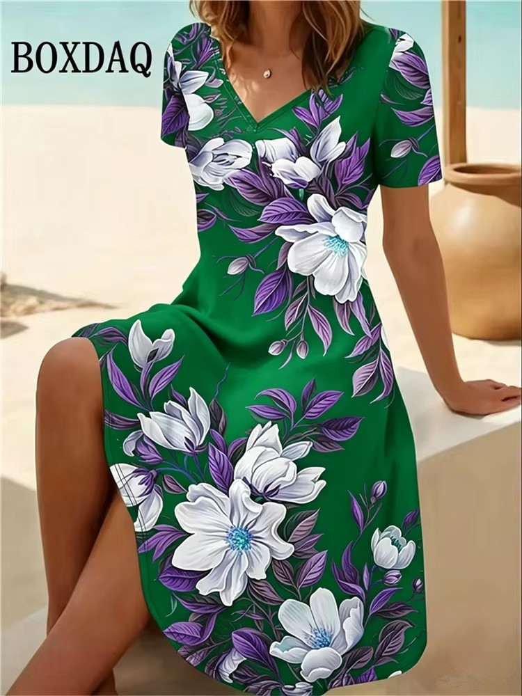 Romper Floral Print - 6XL プラスサイズの女性のドレス夏のビーチカジュアル A ラインドレスヴィンテージボヘミアン花柄半袖 V ネックルーズドレス
