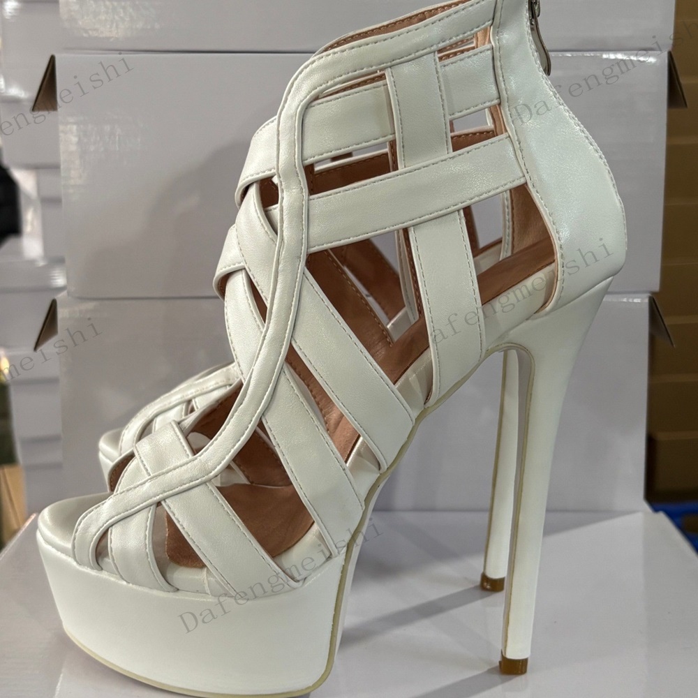 Sandal Strappy Heeled - 女性用ピープトゥプラットフォームハイヒールサンダル、カットアウトストラップ、バックジッパー、スティレットヒール、パーティー、イブニングドレス、ファッショナブルなレディースサンダル