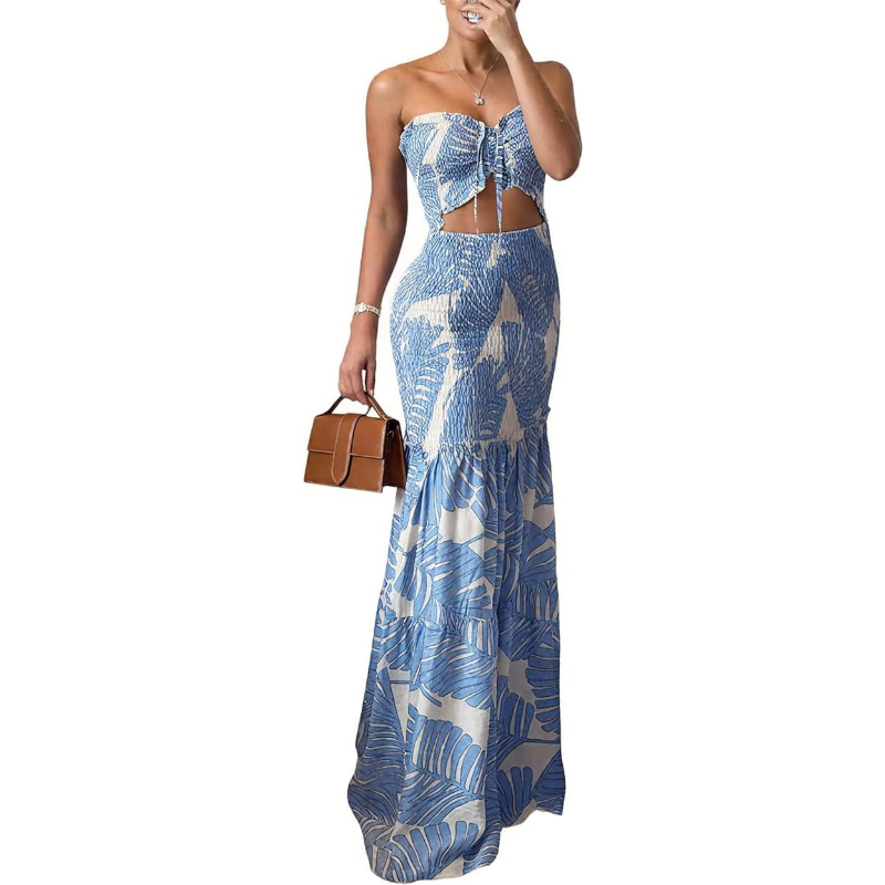 Maxi Dress Halter - CHICME 花柄バケーションドレス ホルターネック タイ付き ルーシュド マキシドレス