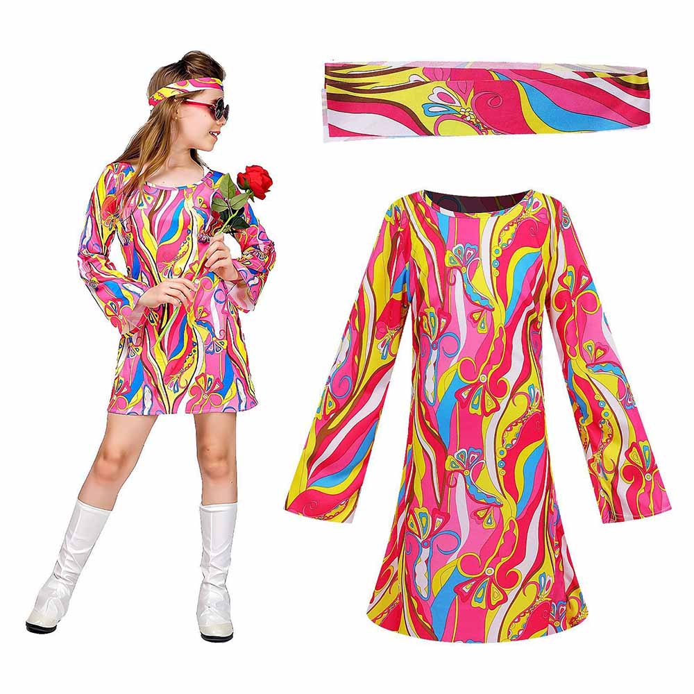 Romper Floral Print - レトロな70年代ヒッピードレスとヘッドバンドセット、グロービーな花柄プリント、ベルスリーブミニコスチューム、ハロウィンコスプレ、ディスコパーティー、フェアショー衣装