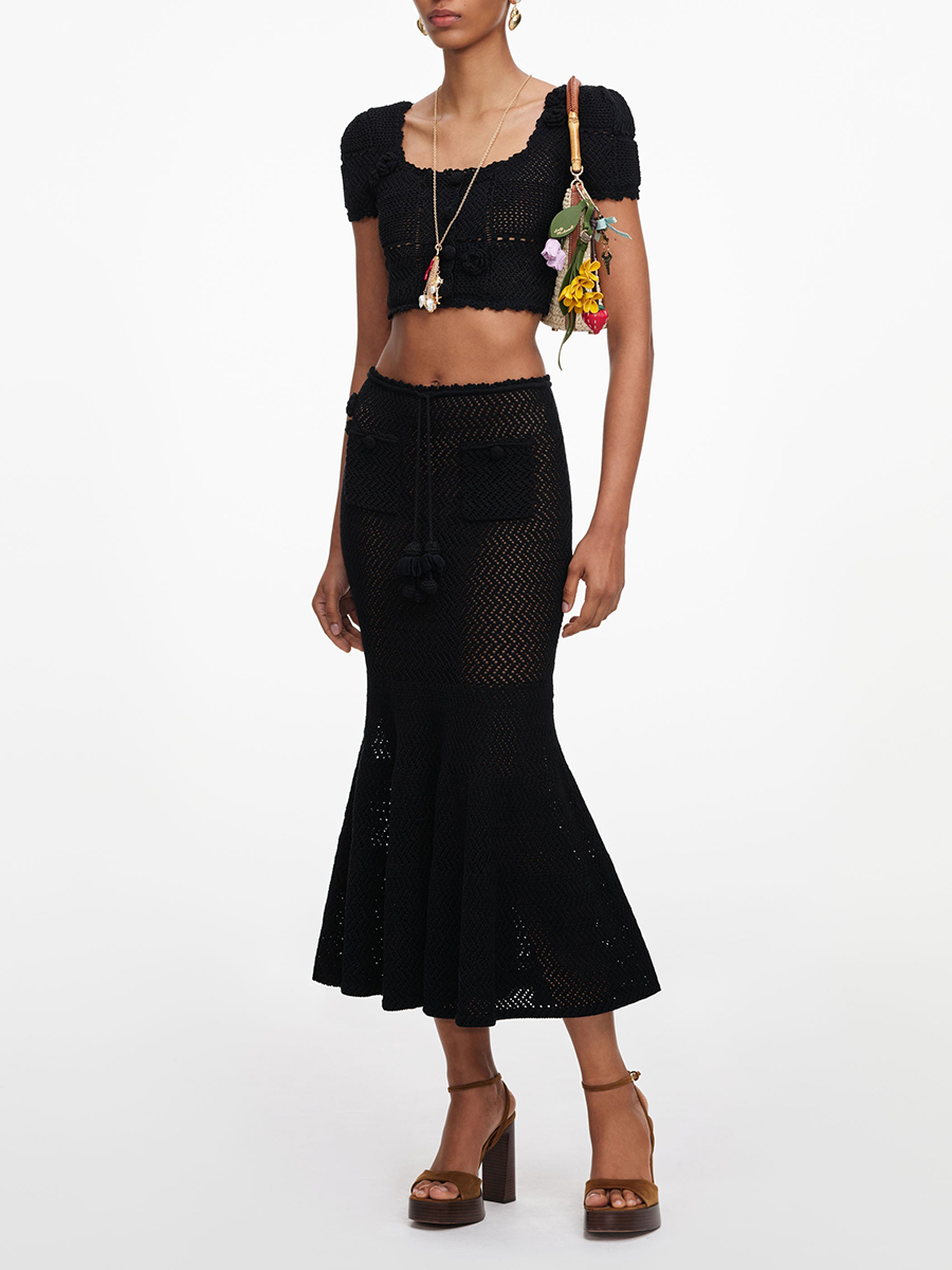 VGH ブラック 3D 花柄 ホローニット ツーピースセット - Crop Top Crochet のレビューと価格
