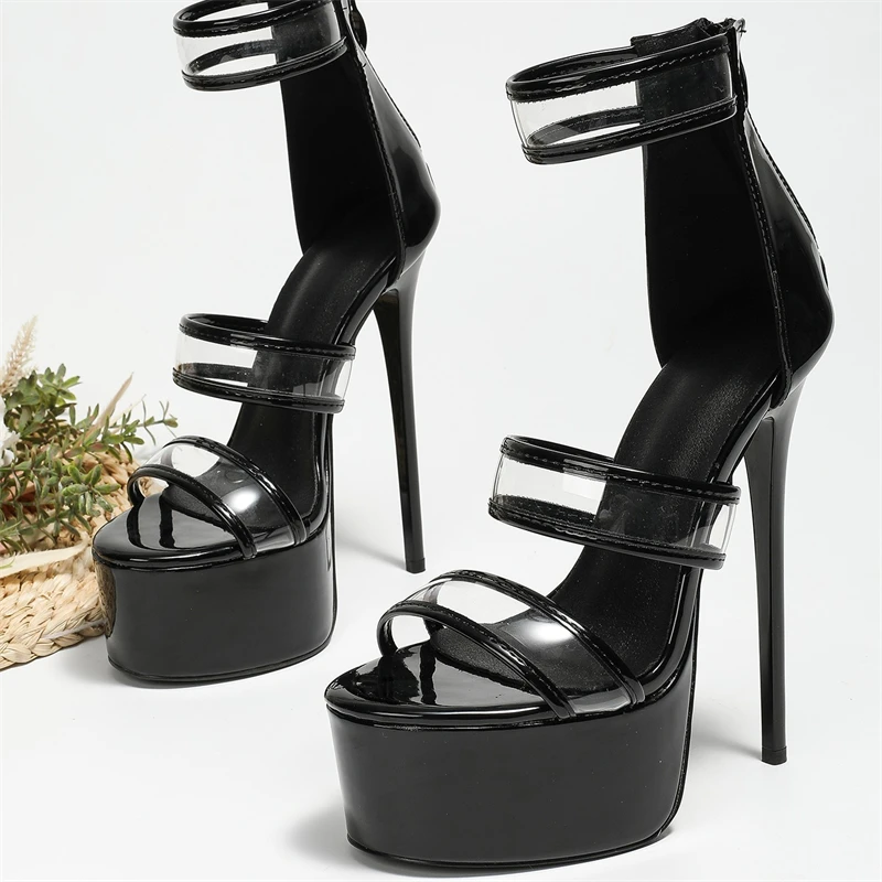女性用ブラックパテントクリアストラッププラットフォームサンダ - Sandal Strappy Heeled のレビューと価格